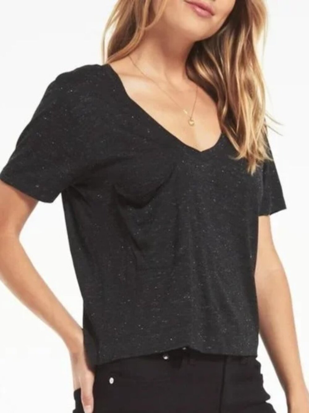 Z Supply Classic Skimmer Sparkle Tee in Black | Casual Everyday Basic M - Picture 2 of 9